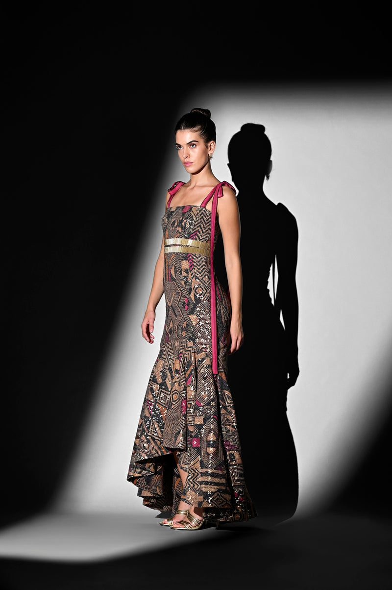 PINK GEOMETRIC SHEETED PURE GEORGETTE DRESS WITH GLASS CUT-PIPE EMBROIDERY