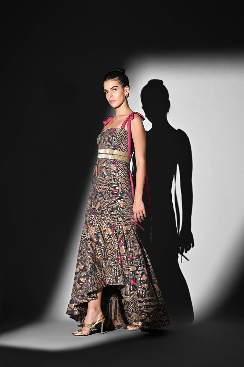 PINK GEOMETRIC SHEETED PURE GEORGETTE DRESS WITH GLASS CUT-PIPE EMBROIDERY