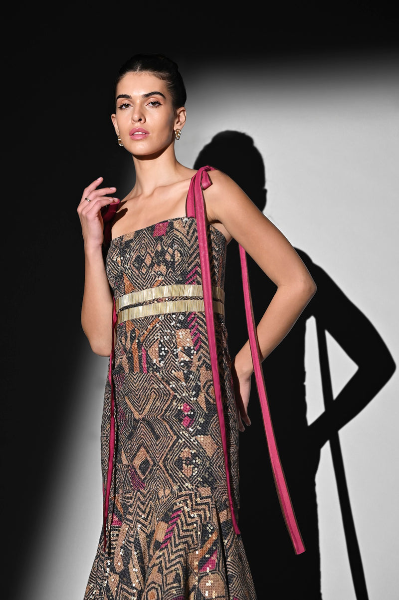 PINK GEOMETRIC SHEETED PURE GEORGETTE DRESS WITH GLASS CUT-PIPE EMBROIDERY