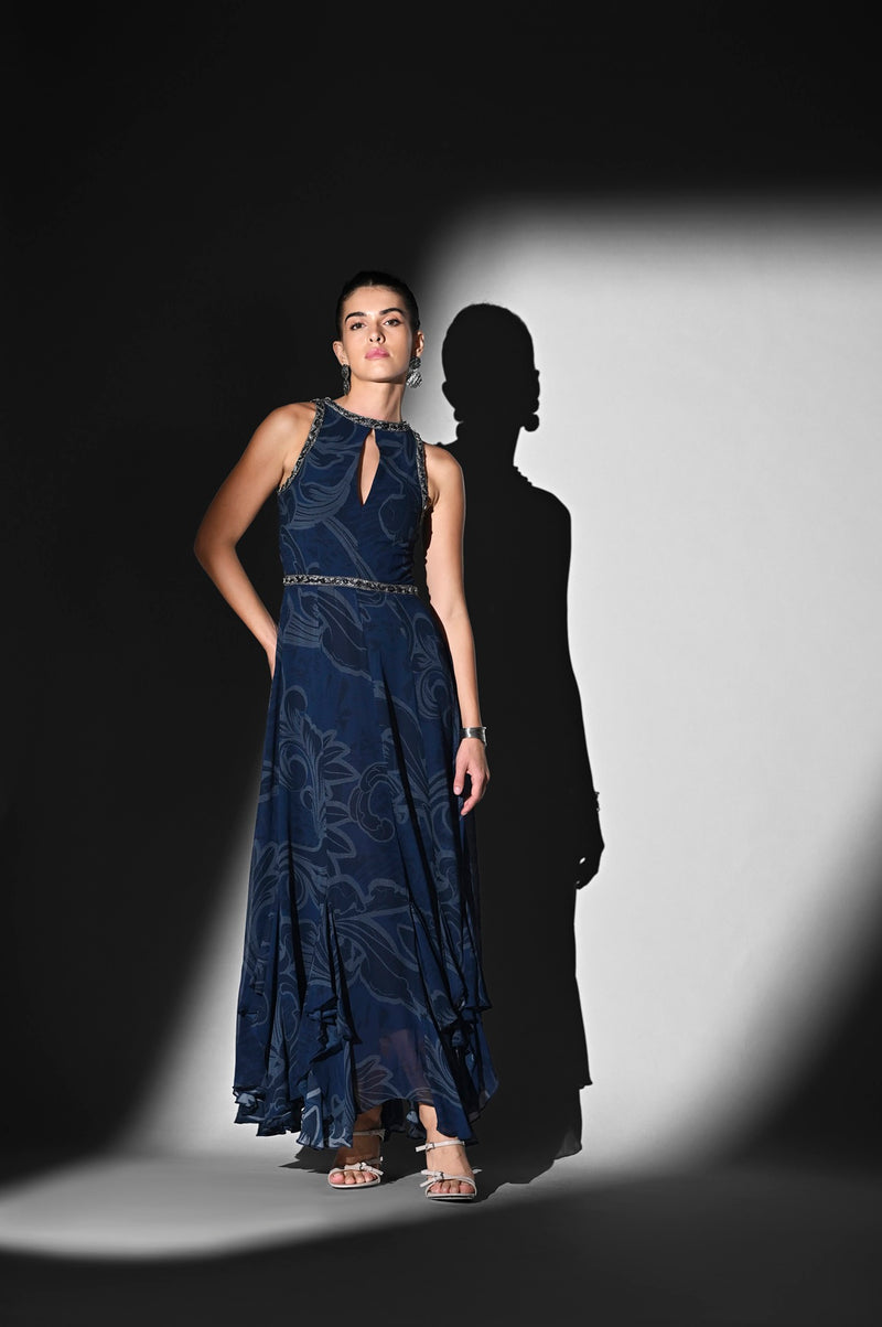 INDIGO SWIRL PRINT DRESS WITH SILVER GLASS CUT PIPE EMBROIDERY