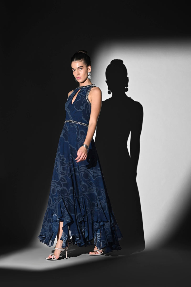 INDIGO SWIRL PRINT DRESS WITH SILVER GLASS CUT PIPE EMBROIDERY