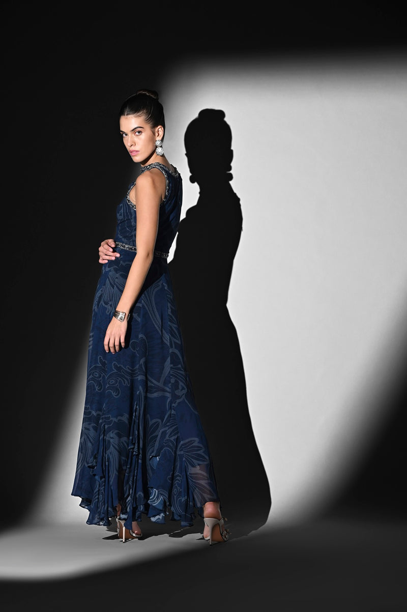 INDIGO SWIRL PRINT DRESS WITH SILVER GLASS CUT PIPE EMBROIDERY