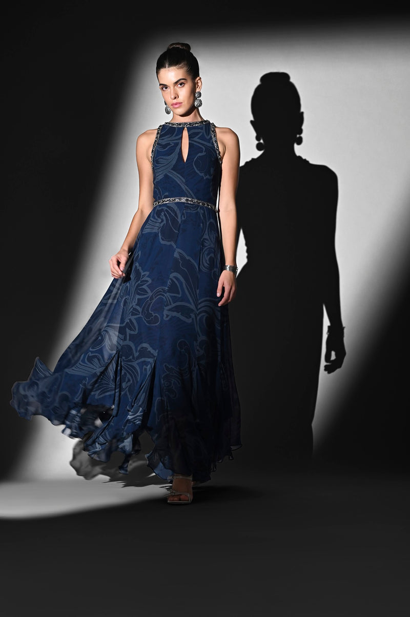 INDIGO SWIRL PRINT DRESS WITH SILVER GLASS CUT PIPE EMBROIDERY