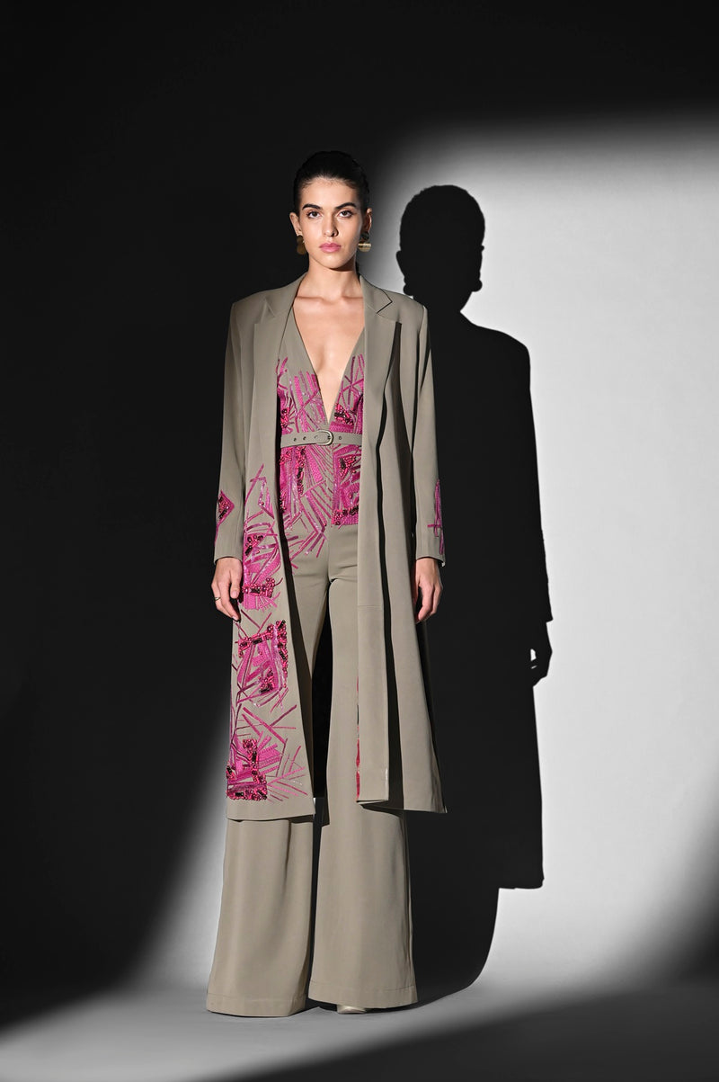 BEIGE TRENCH WITH FUCHSIA HANDTHREAD EMBROIDERY