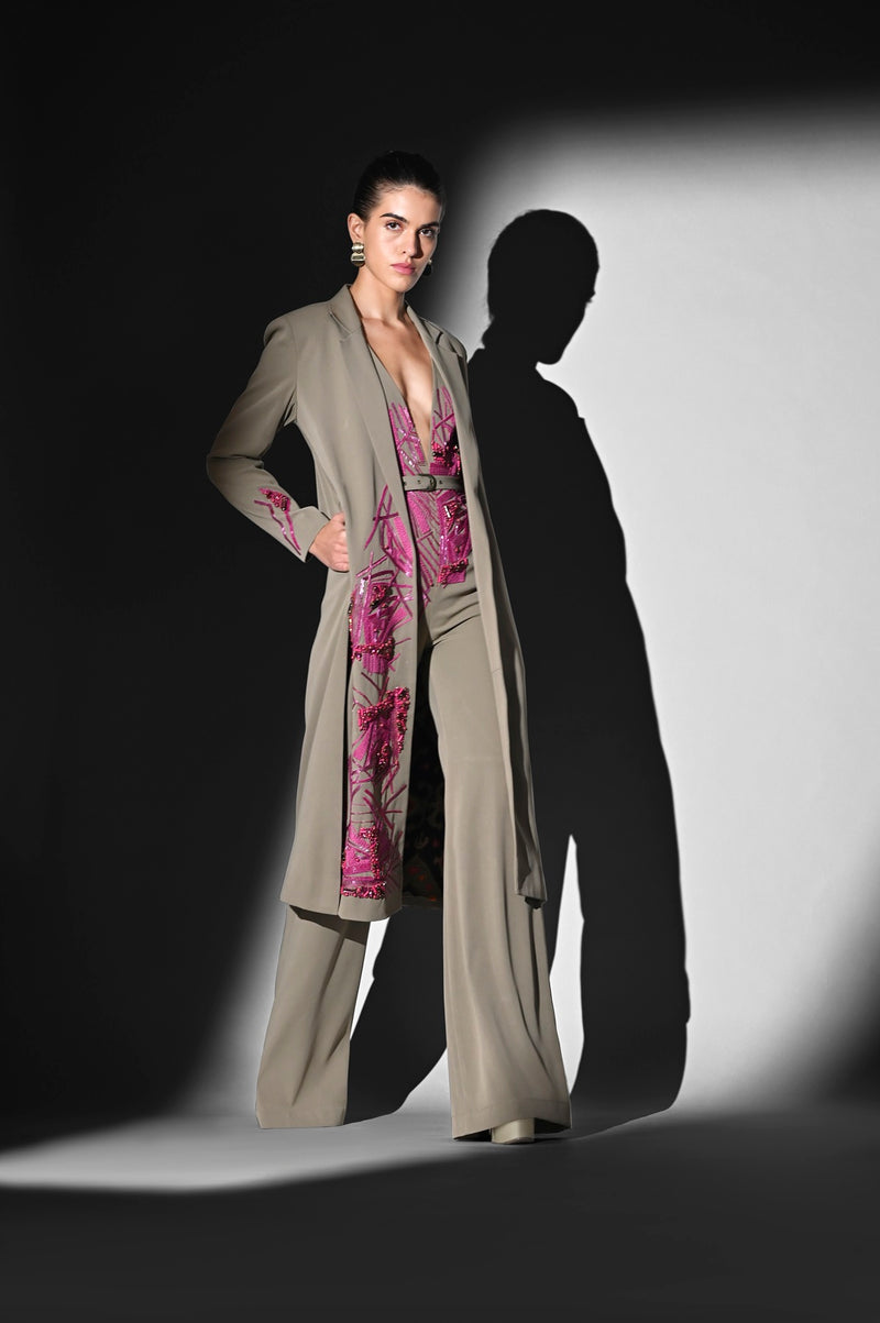 BEIGE TRENCH WITH FUCHSIA HANDTHREAD EMBROIDERY
