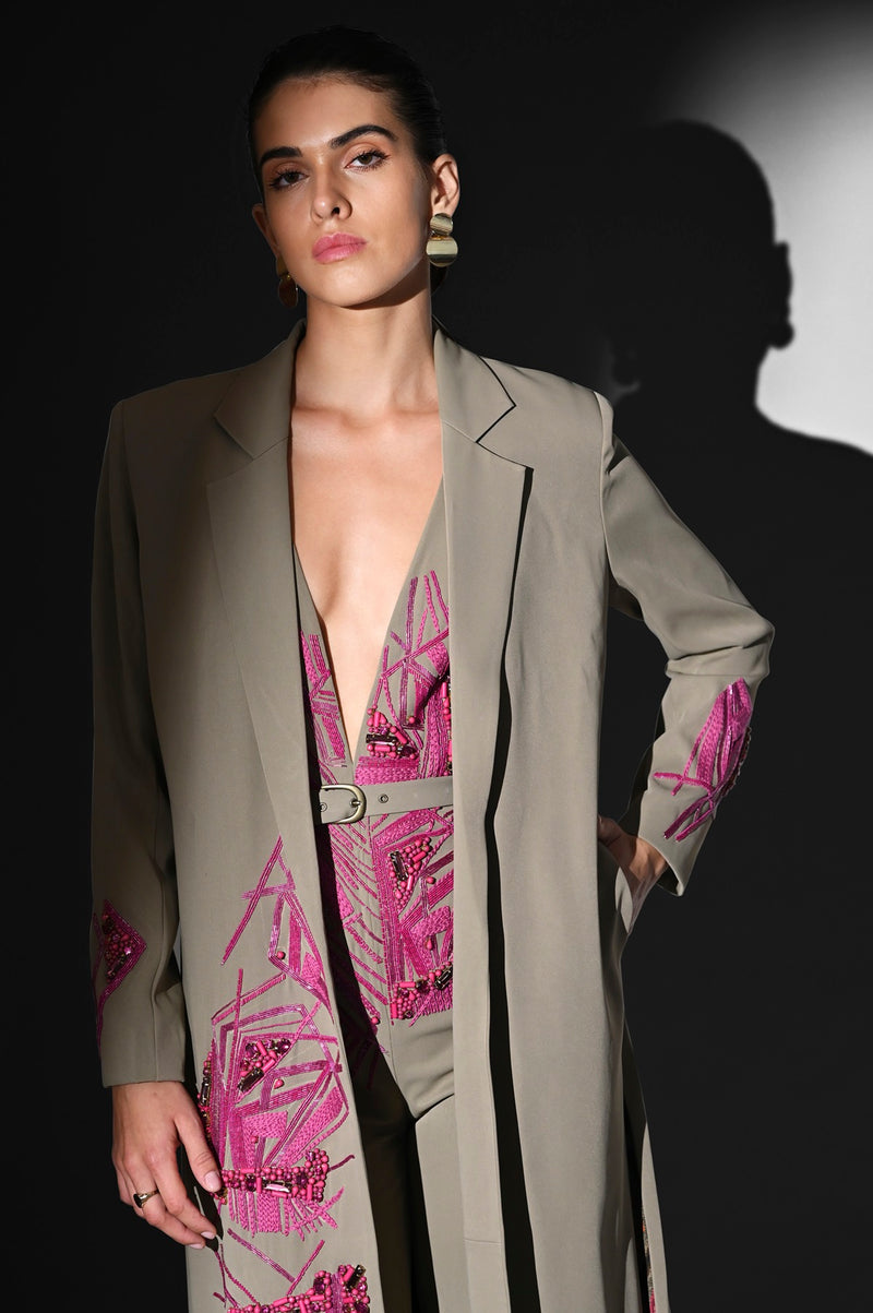 BEIGE TRENCH WITH FUCHSIA HANDTHREAD EMBROIDERY