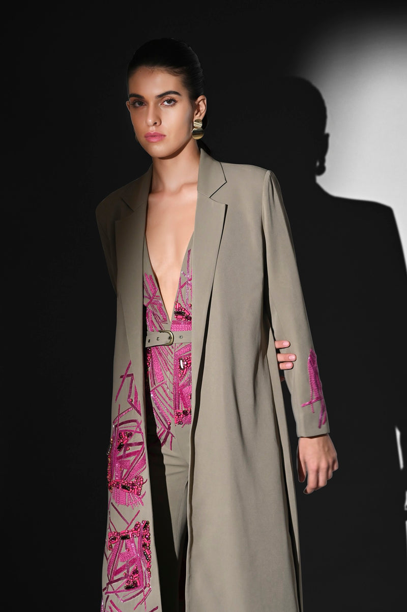 BEIGE TRENCH WITH FUCHSIA HANDTHREAD EMBROIDERY