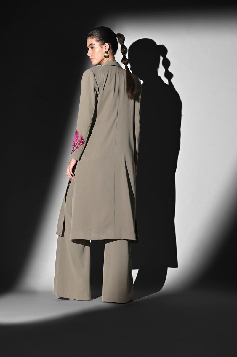 BEIGE TRENCH WITH FUCHSIA HANDTHREAD EMBROIDERY