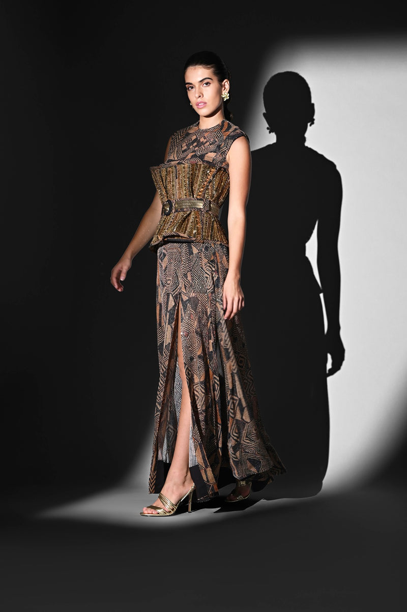 BROWN GEOMETRIC PRINT BODYSUIT WITH SKIRT