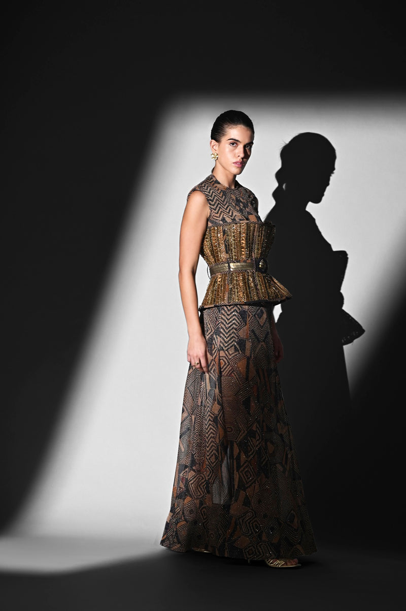 BROWN GEOMETRIC PRINT BODYSUIT WITH SKIRT