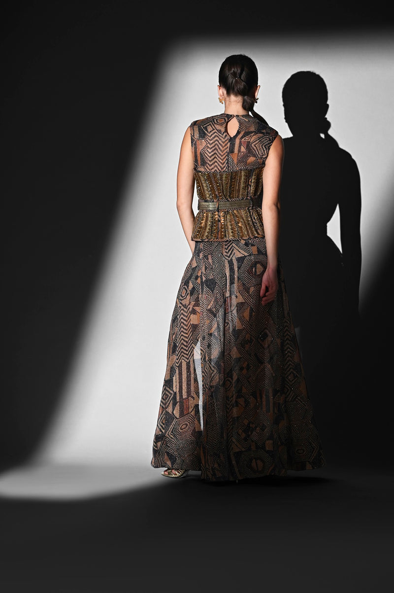 BROWN GEOMETRIC PRINT BODYSUIT WITH SKIRT