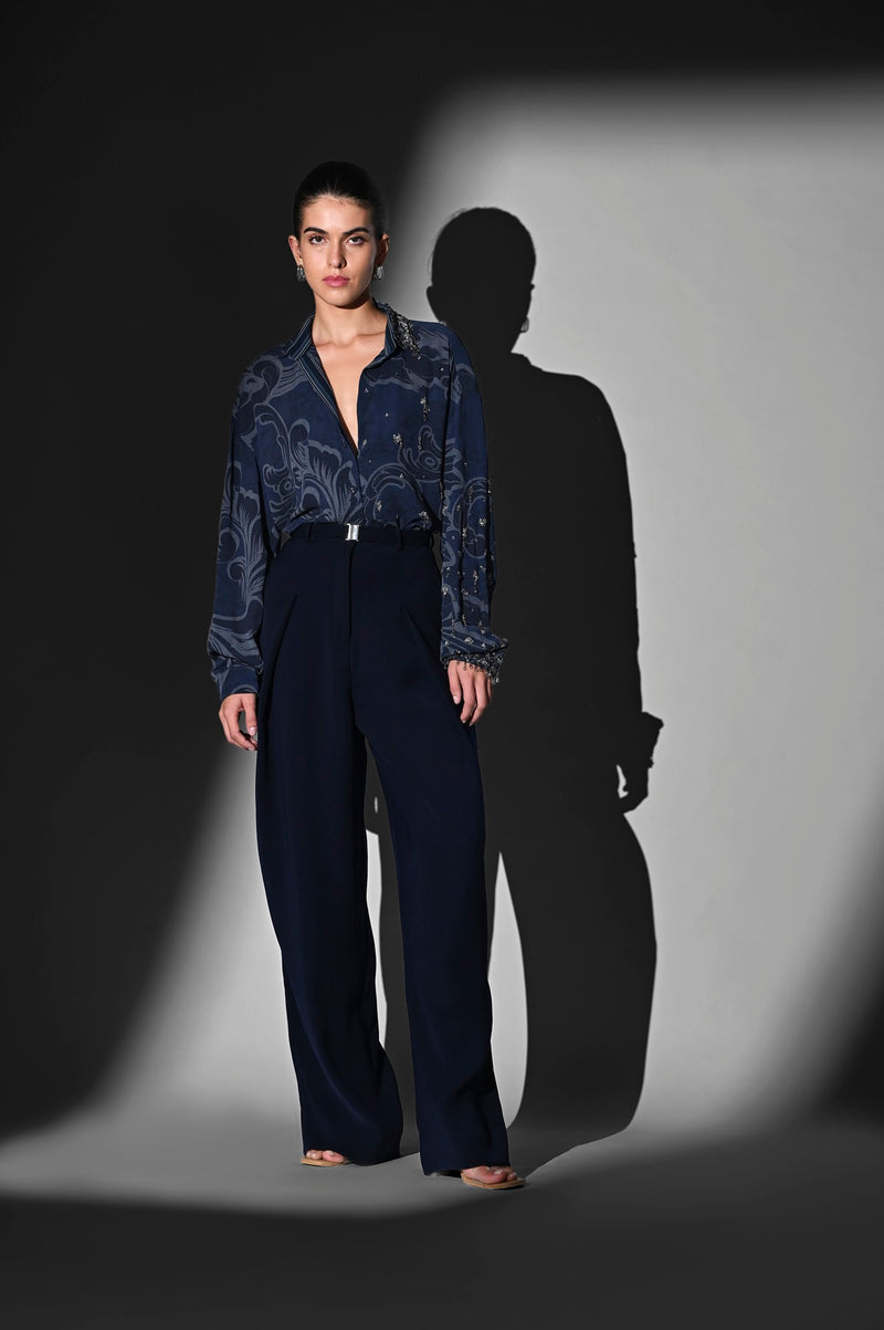 INDIGO BLUE SWIRL PRINTED SHIRT WITH GLASS BEAD HAND EMBROIDERY