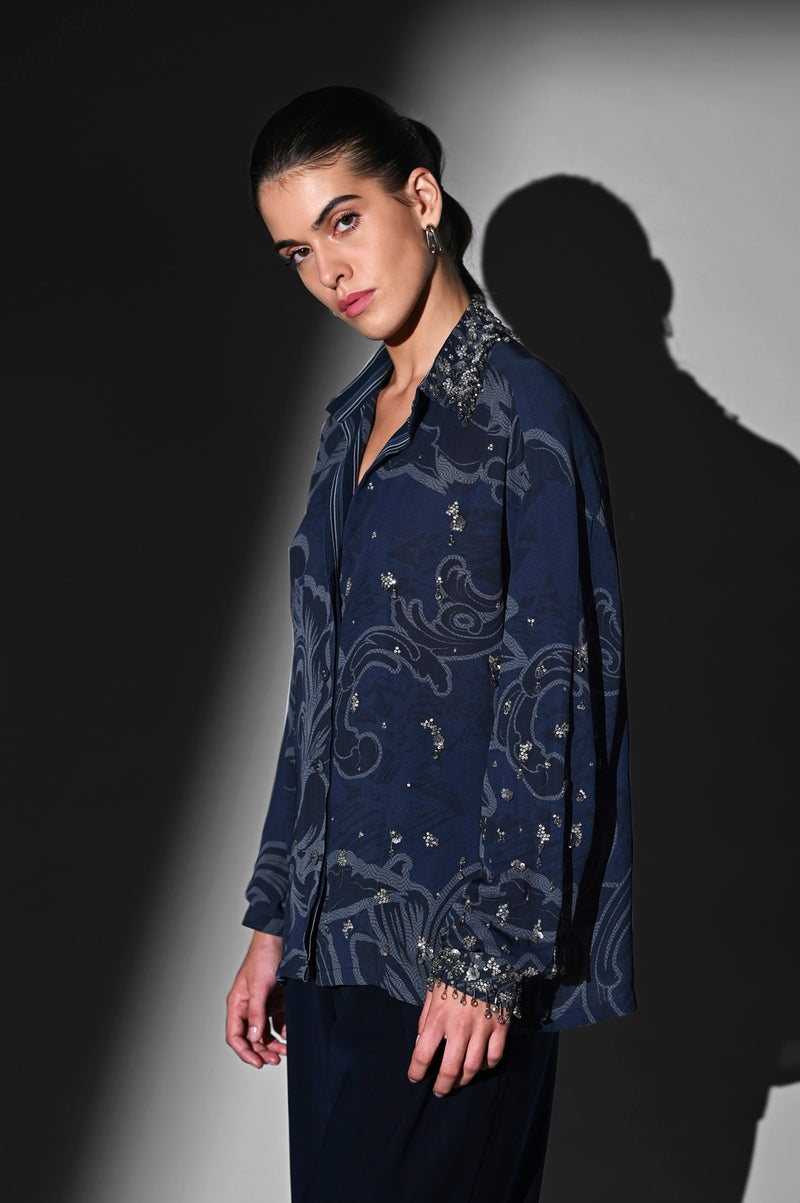 INDIGO BLUE SWIRL PRINTED SHIRT WITH GLASS BEAD HAND EMBROIDERY