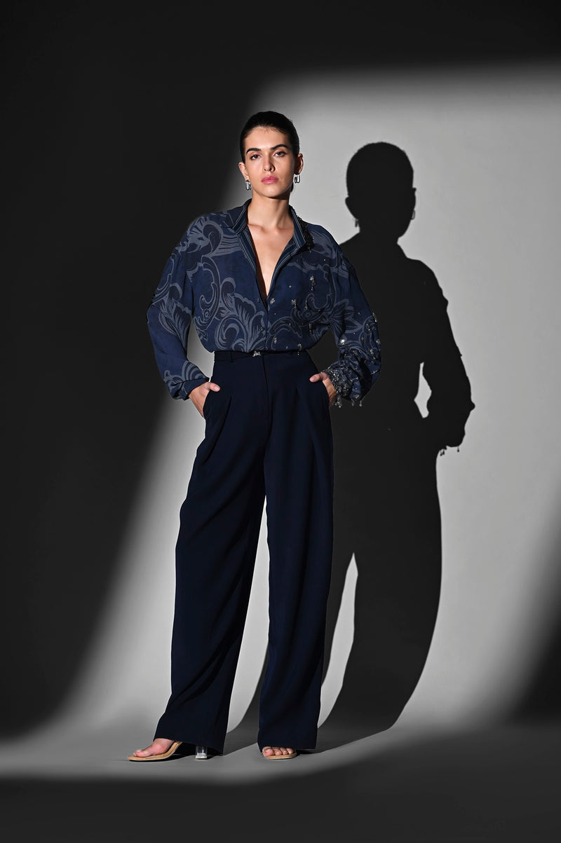 INDIGO BLUE SWIRL PRINTED SHIRT WITH GLASS BEAD HAND EMBROIDERY