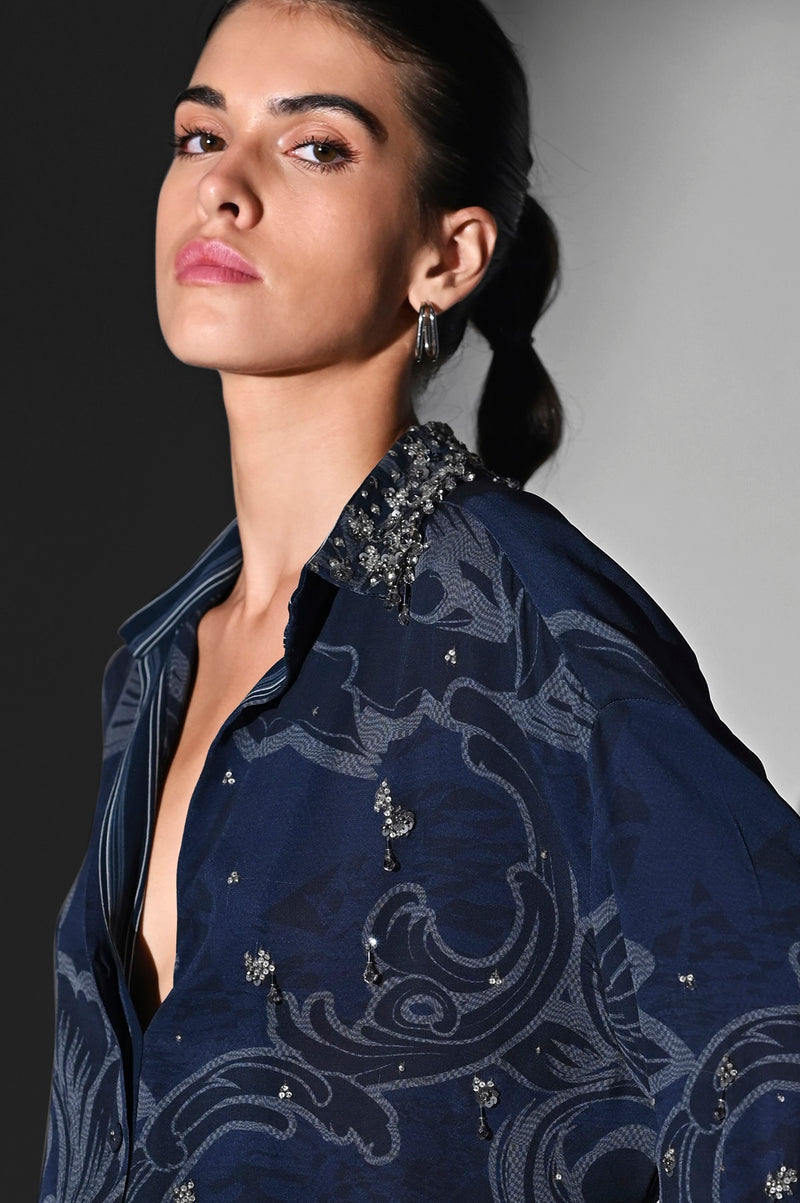 INDIGO BLUE SWIRL PRINTED SHIRT WITH GLASS BEAD HAND EMBROIDERY