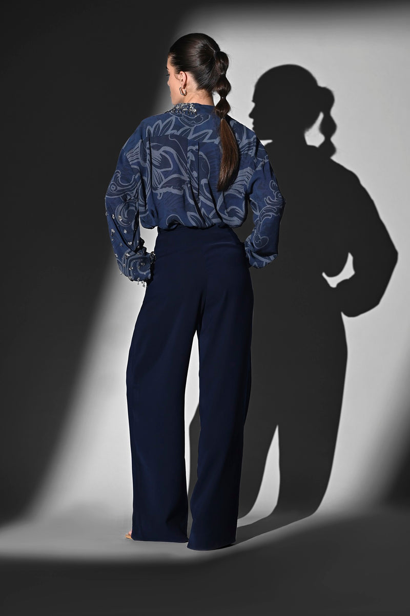 INDIGO BLUE SWIRL PRINTED SHIRT WITH GLASS BEAD HAND EMBROIDERY