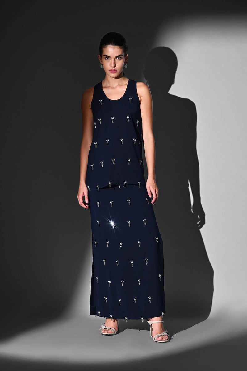 INDIGO BLUE TOP AND SKIRT WITH CRYSTAL GLASS BEAD EMBROIDERY