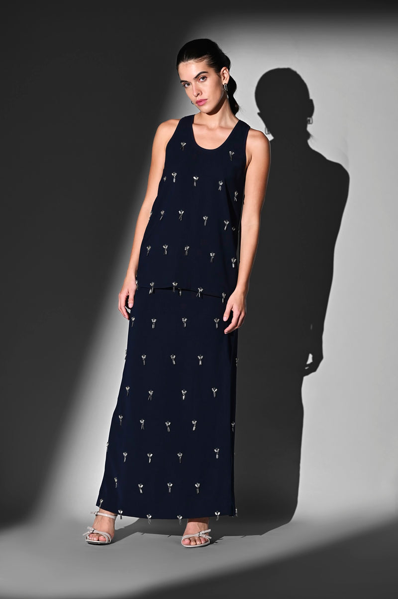 INDIGO BLUE TOP AND SKIRT WITH CRYSTAL GLASS BEAD EMBROIDERY