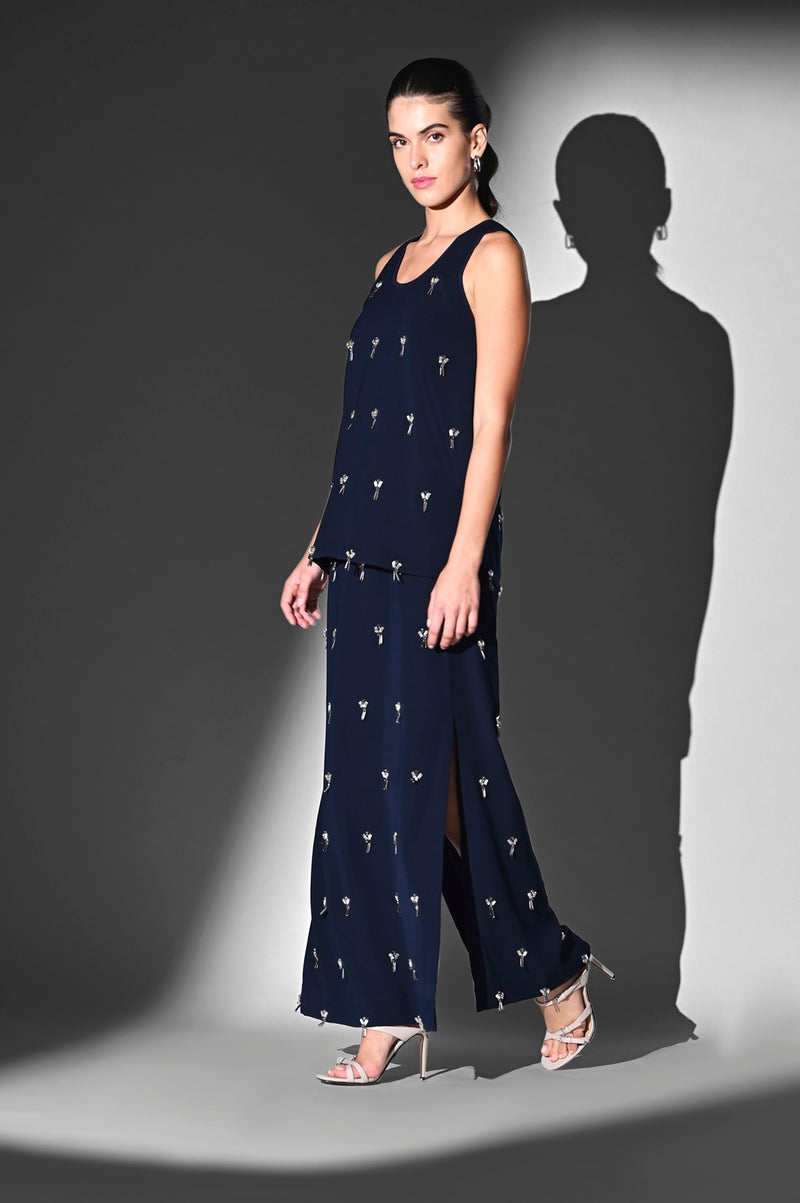 INDIGO BLUE TOP AND SKIRT WITH CRYSTAL GLASS BEAD EMBROIDERY