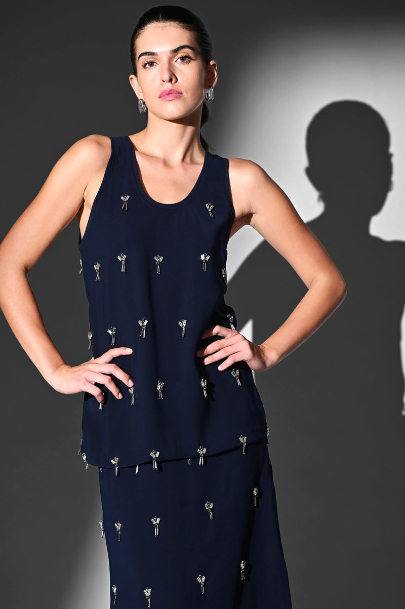 INDIGO BLUE TOP AND SKIRT WITH CRYSTAL GLASS BEAD EMBROIDERY