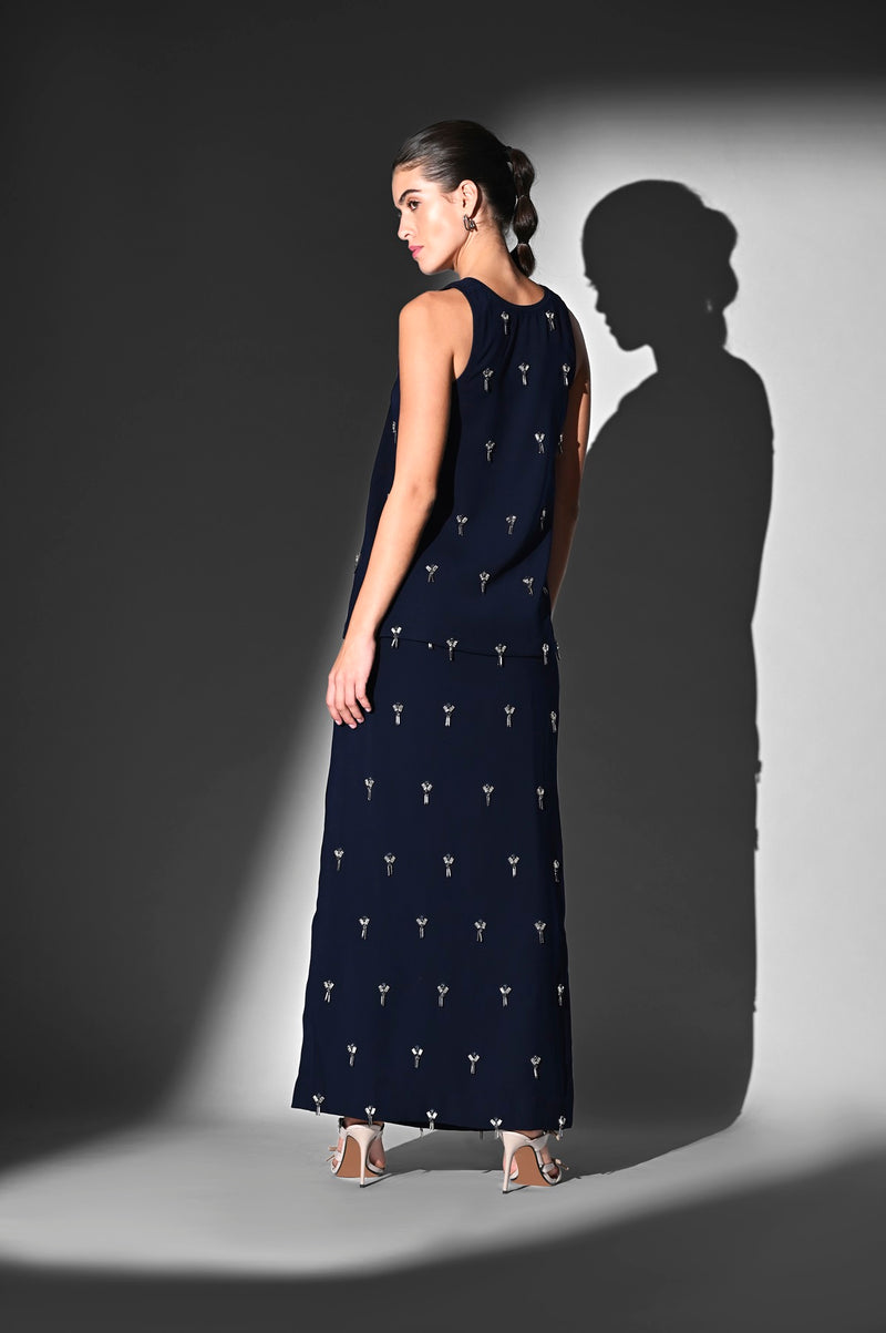 INDIGO BLUE TOP AND SKIRT WITH CRYSTAL GLASS BEAD EMBROIDERY