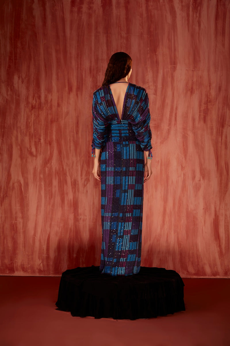 Blue Tile Print Dress With Slit