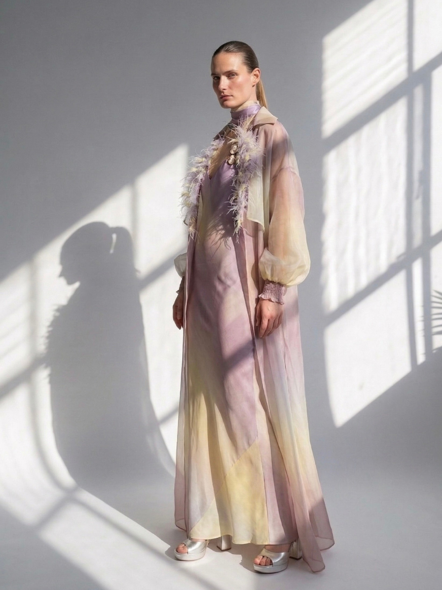 HYDRANGEA DIFFUSED PRINT SLIP DRESS WITH FEATHERED ORGANZA TRENCH ...