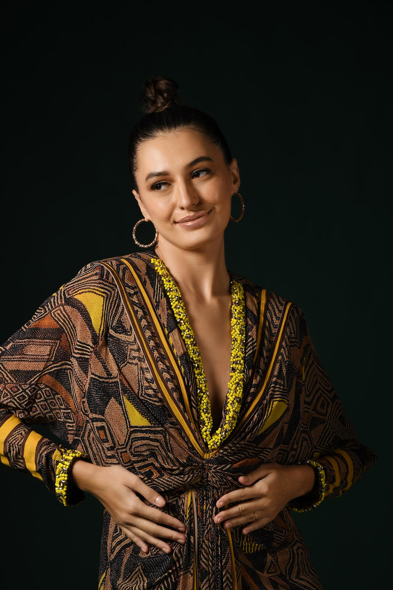 GEOMETRIC CANARY PRINT DRESS WITH CANARY YELLOW EMBROIDERY
