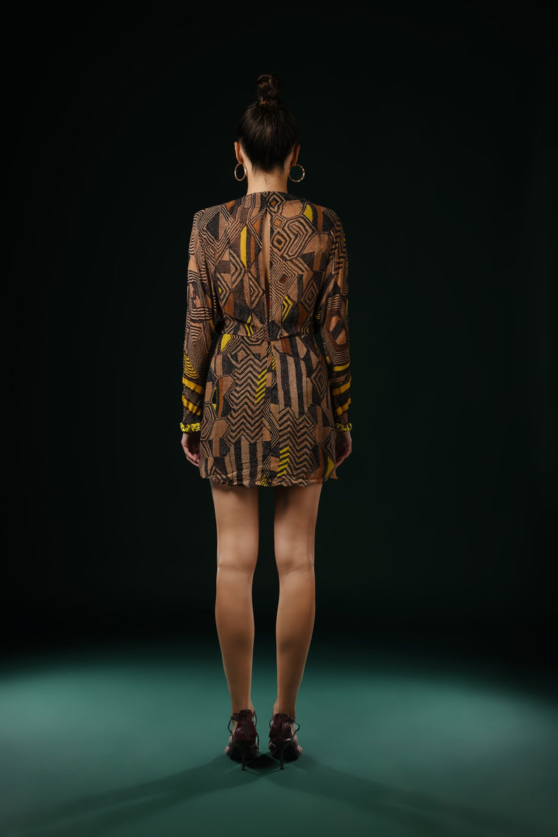 GEOMETRIC CANARY PRINT DRESS WITH CANARY YELLOW EMBROIDERY