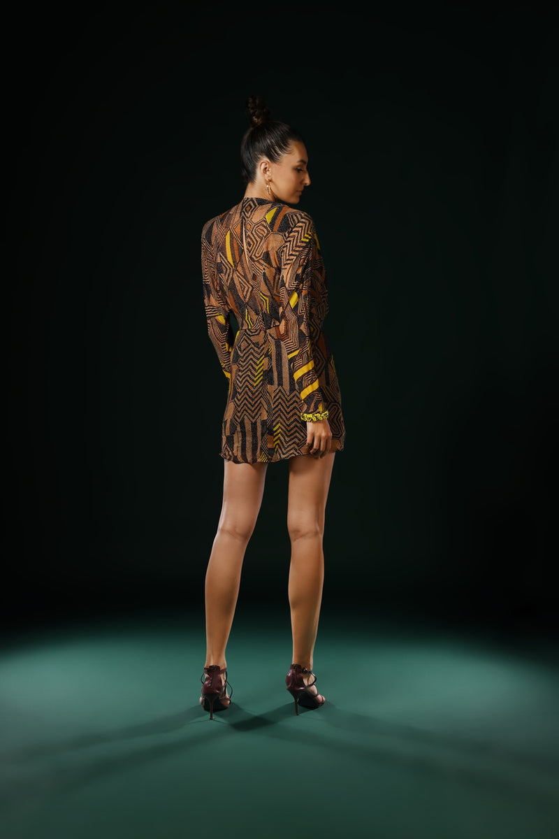 GEOMETRIC CANARY PRINT DRESS WITH CANARY YELLOW EMBROIDERY