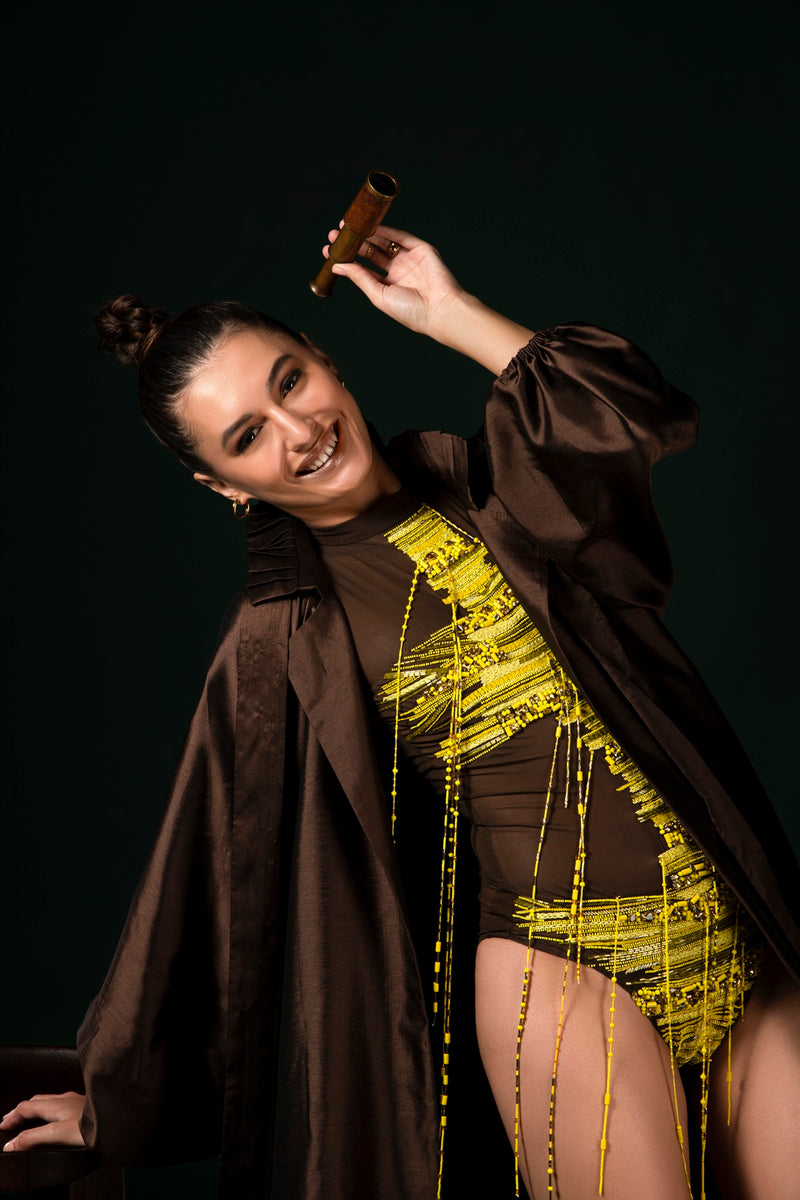 BROWN SILK HEM JACKET