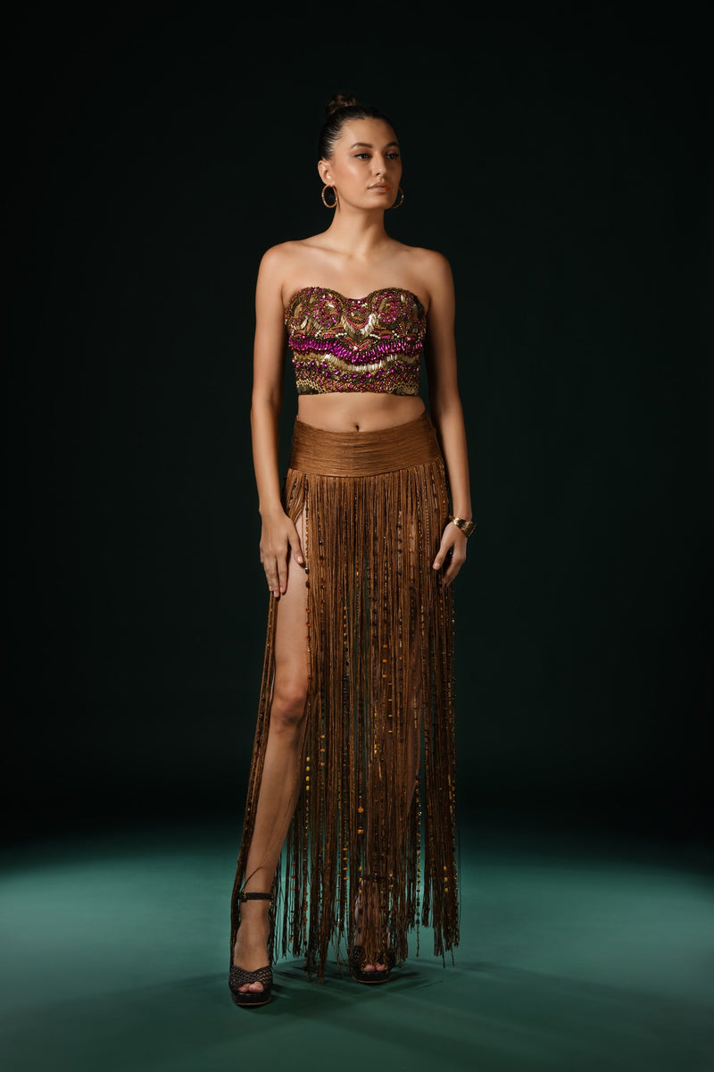 SILK FRINGED SKIRT WITH BEADED TASSELS
