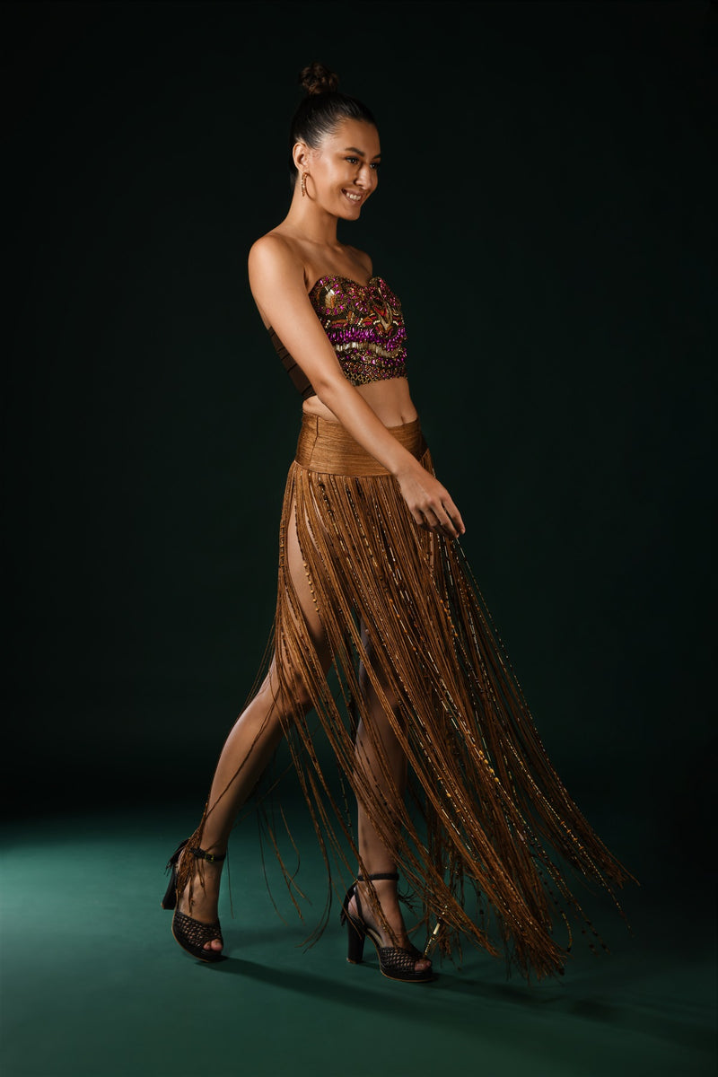 SILK FRINGED SKIRT WITH BEADED TASSELS