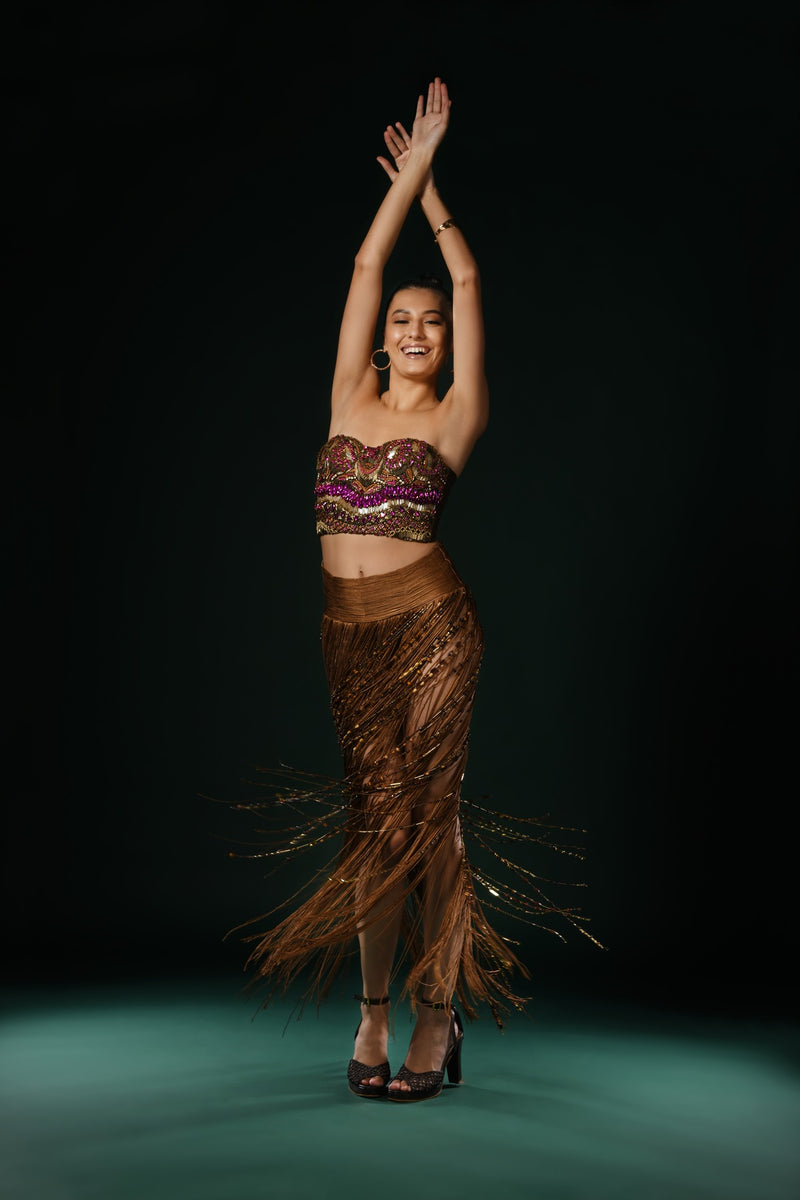 SILK FRINGED SKIRT WITH BEADED TASSELS