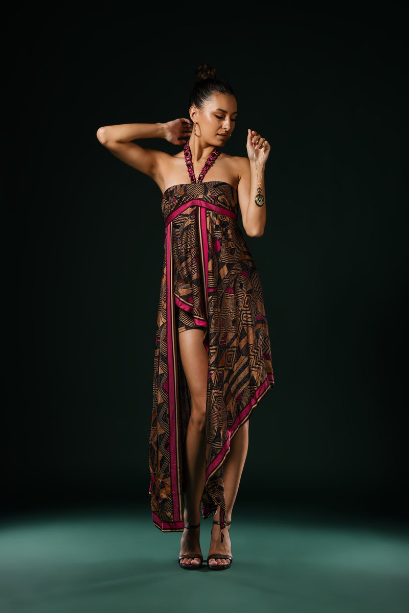 GEOMETRIC FUCHSIA ASSYMETRICAL DRESS