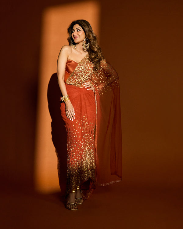 SHILPA SHETTY IN LEAPORD AARI PRE DRAPED SAREE WITH BUSTIER