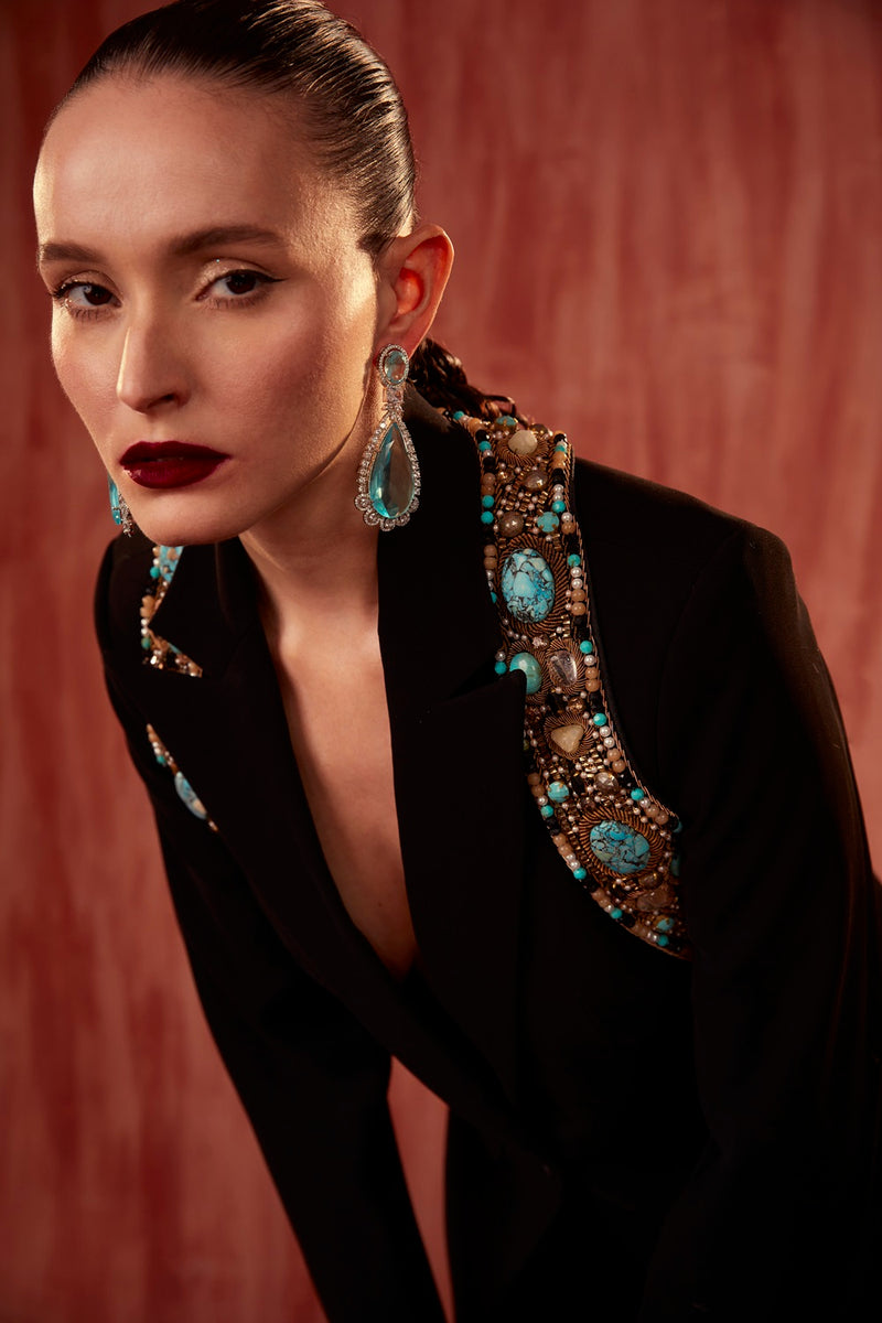Black Pantsuit Set With Gold Jewelled Hand Embroidered Jacket
