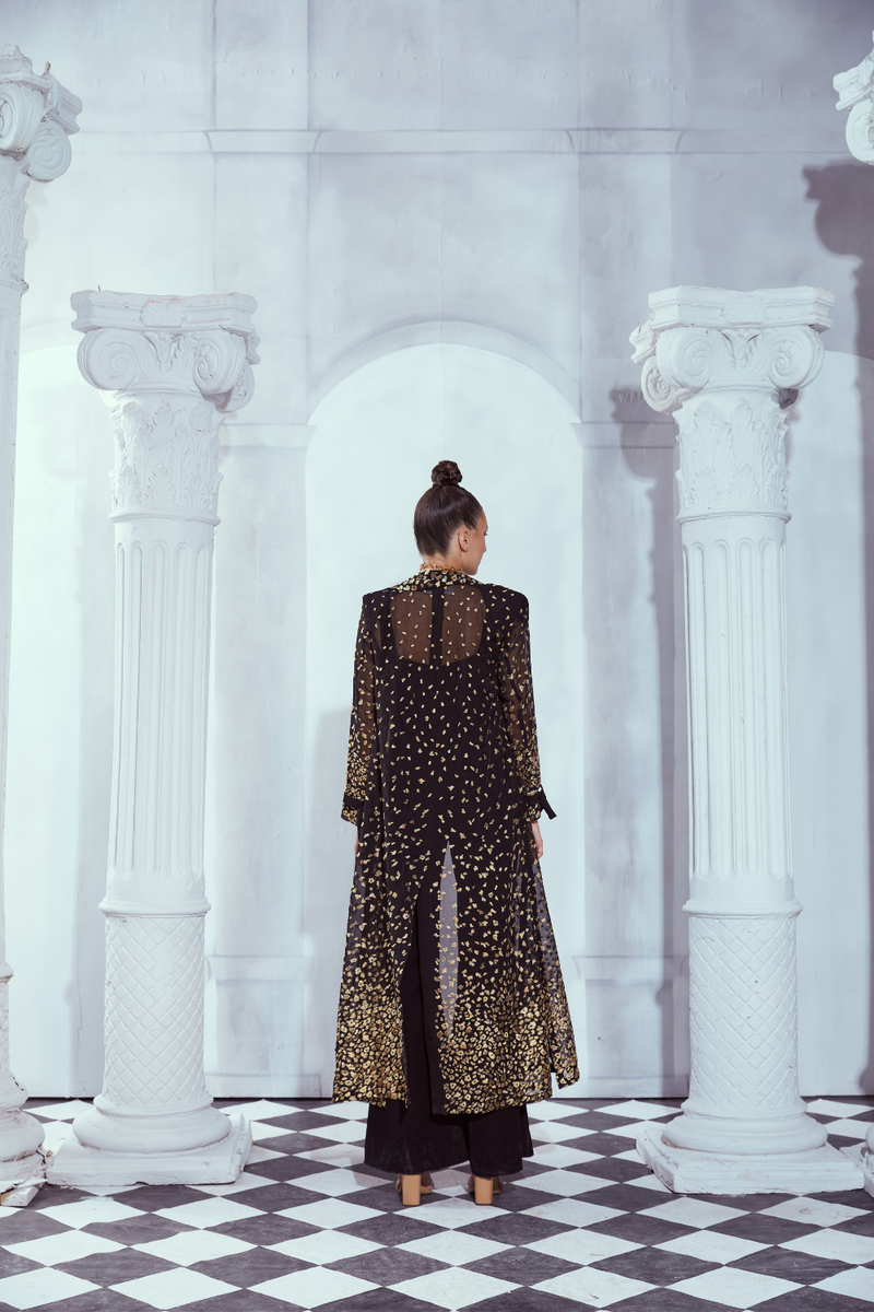 Leopard Aari Embroidered Long Trench And Black Jumpsuit Set