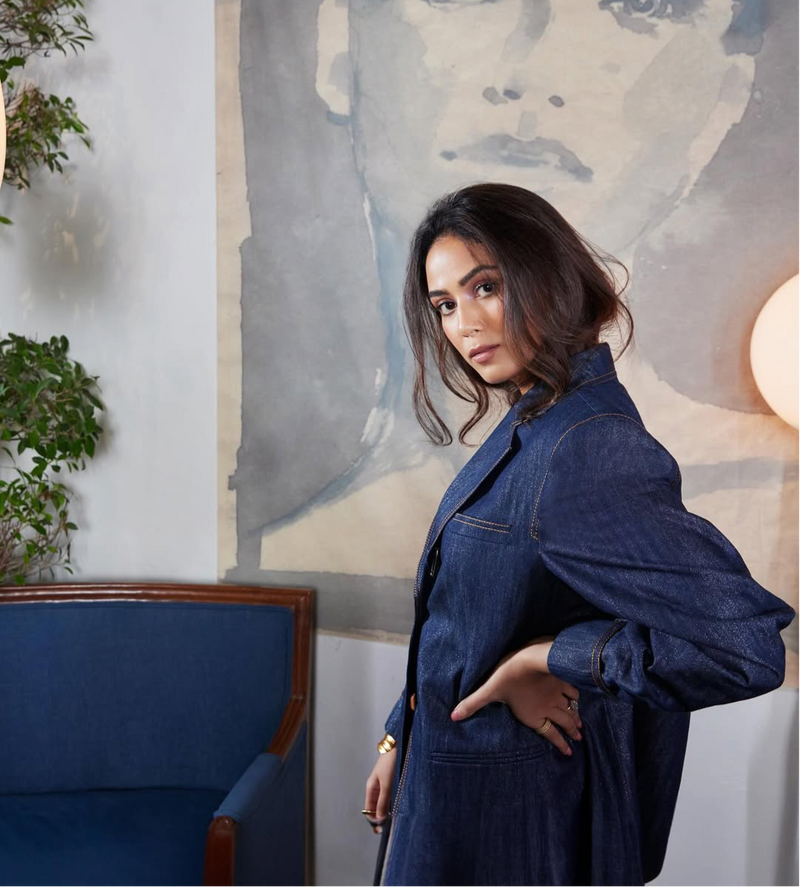 MIRA KAPOOR IN HEMP DENIM PANTSUIT WITH TOPSTITCH DETAILS