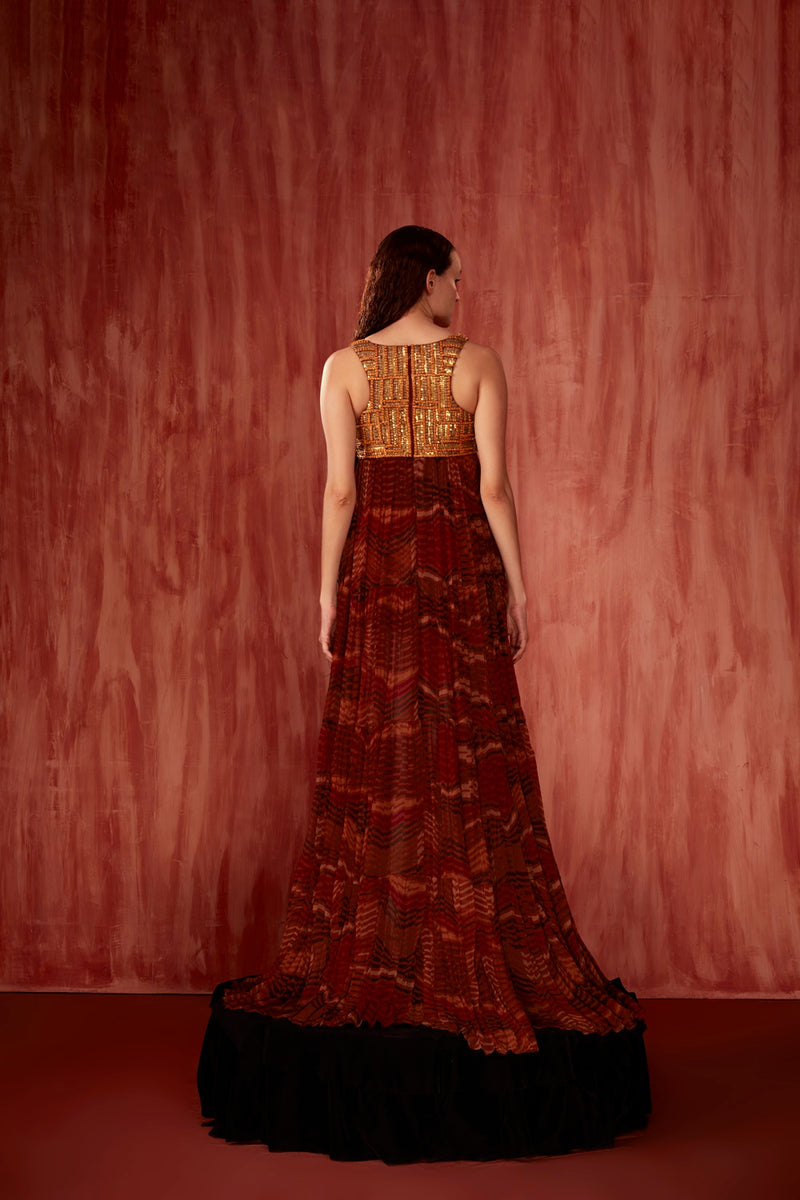 Tangerine Print Maxi With Mosaic Brick Embroidery