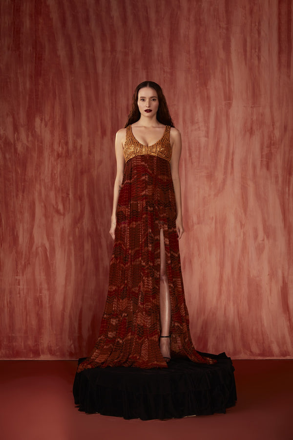 Tangerine Print Maxi With Mosaic Brick Embroidery