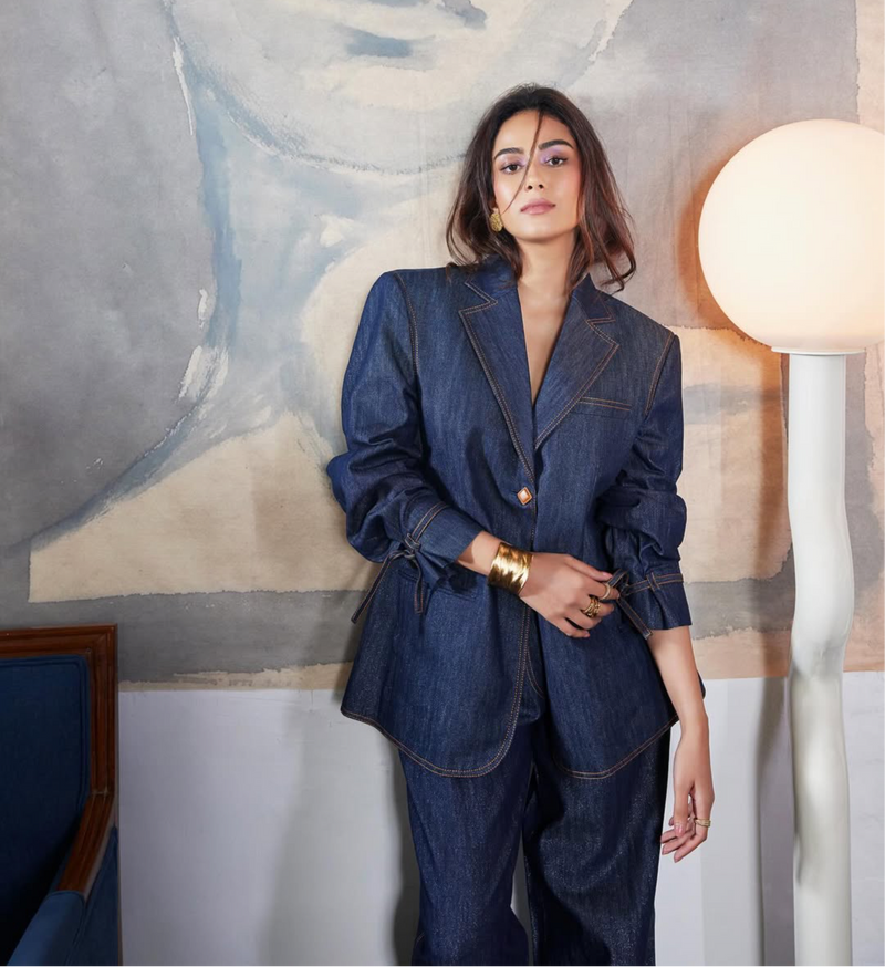 MIRA KAPOOR IN HEMP DENIM PANTSUIT WITH TOPSTITCH DETAILS