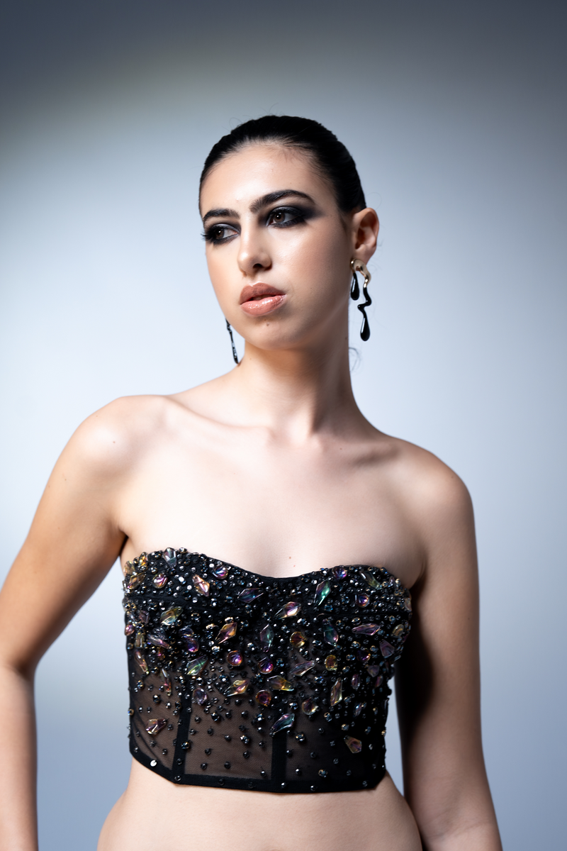 NOIR BLAZER, SHORTS AND TUBE WITH HOLOGRAPGIC SPACE EMBROIDERY