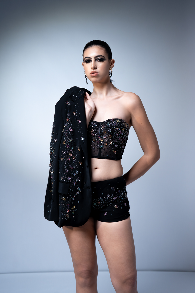 NOIR BLAZER, SHORTS AND TUBE WITH HOLOGRAPGIC SPACE EMBROIDERY