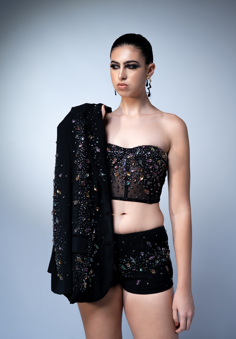 NOIR BLAZER, SHORTS AND TUBE WITH HOLOGRAPGIC SPACE EMBROIDERY