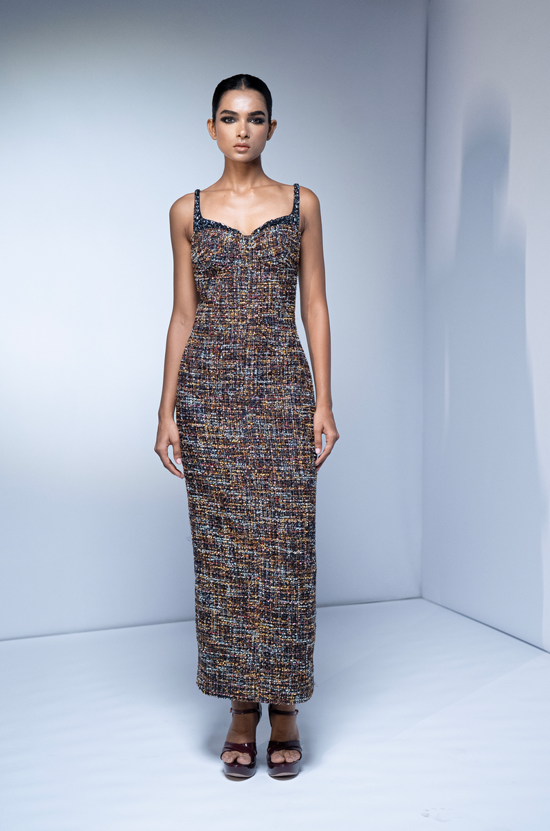 TWEED BODYCON DRESS WITH HOLOGRAPHIC SPACE EMBROIDERY