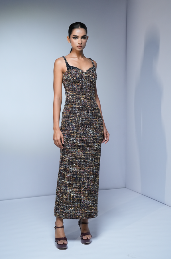 TWEED BODYCON DRESS WITH HOLOGRAPHIC SPACE EMBROIDERY
