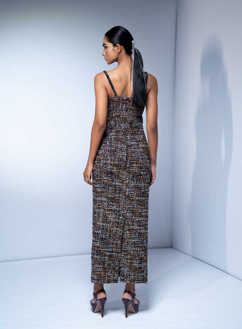 TWEED BODYCON DRESS WITH HOLOGRAPHIC SPACE EMBROIDERY