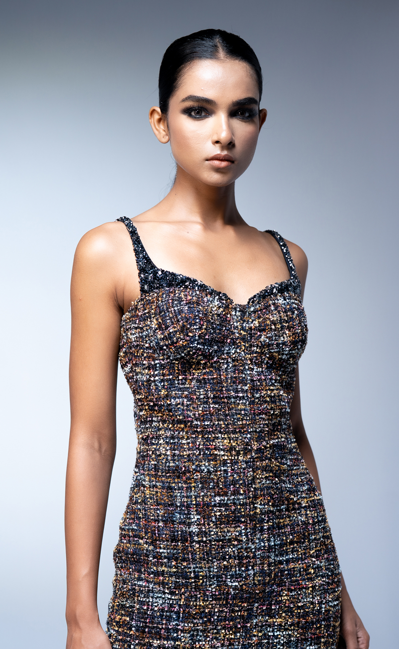 TWEED BODYCON DRESS WITH HOLOGRAPHIC SPACE EMBROIDERY