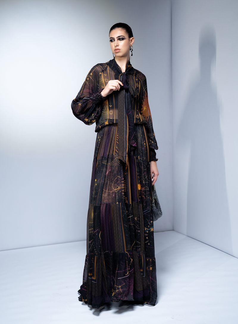 NOIR GALAXY PRINT SLIT DRESS WITH NOIR EMBROIDERY